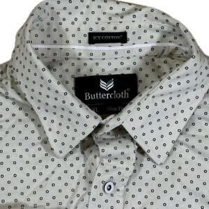 Buttercloth ICY Cotton Slim Fit Button Up Long Sleeve Blue Dot Shirt Men Size XL